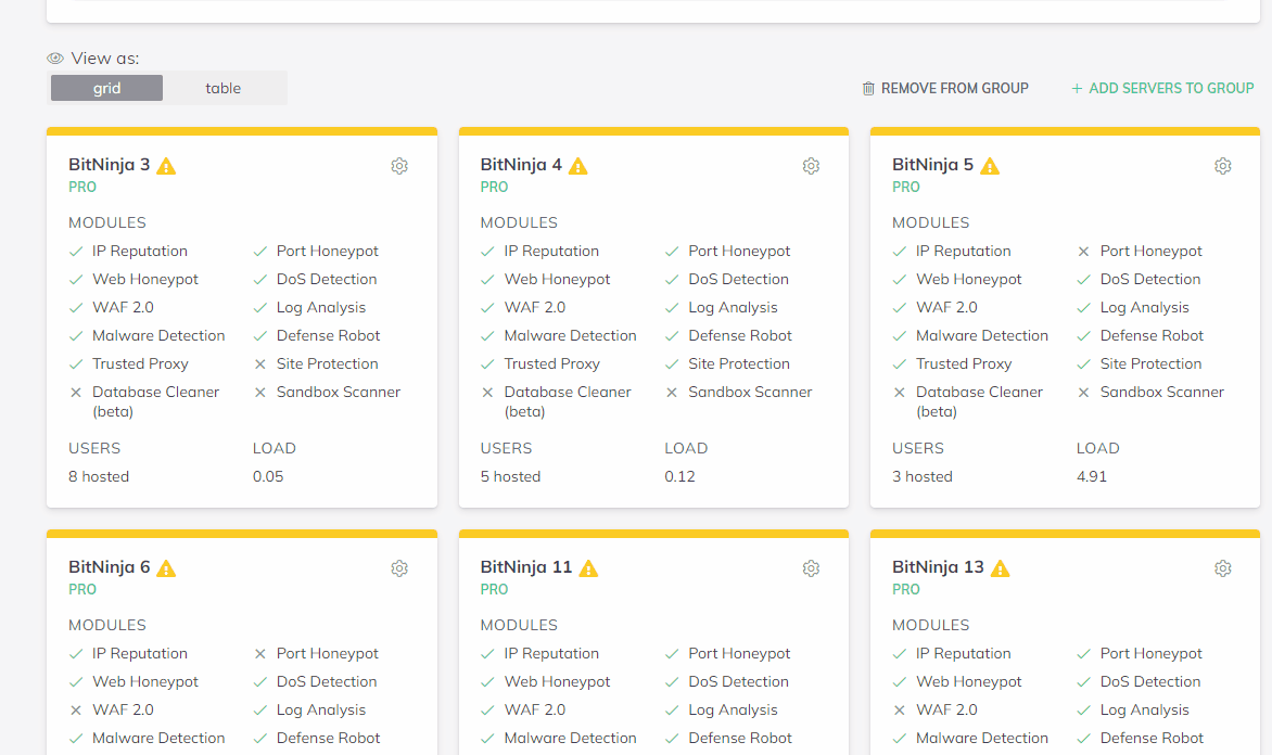 A gif showing how to add or remove servers from a group in grid view.