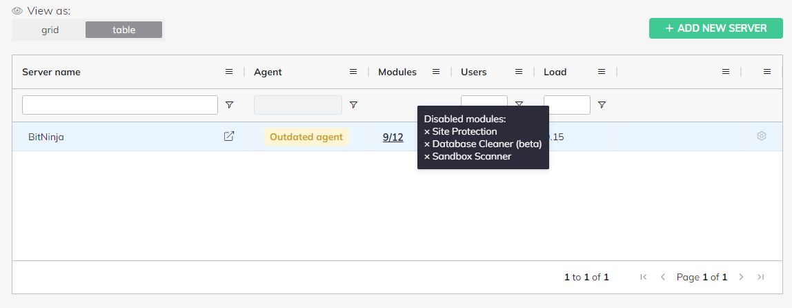 An image showing the disabled modules tooltip in table view mode.